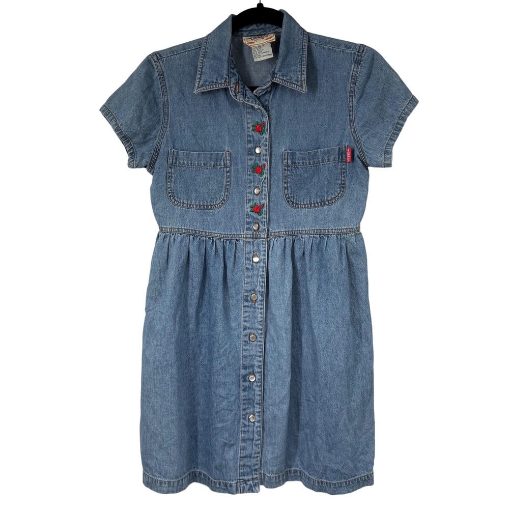 Vintage Denim Dress Pearl Button Front Short Sleeve Chambray Dress
